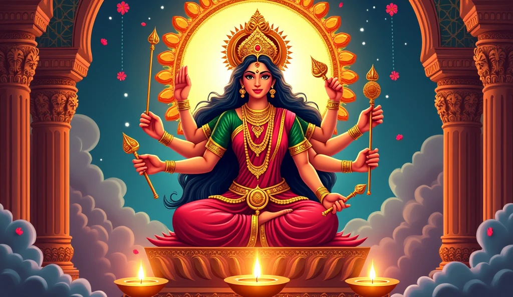 Illustration of Goddess Maa Durga in Happy Dussehra Navratri background Template Design celebrated in Hindu Religion and festival of happy durga puja