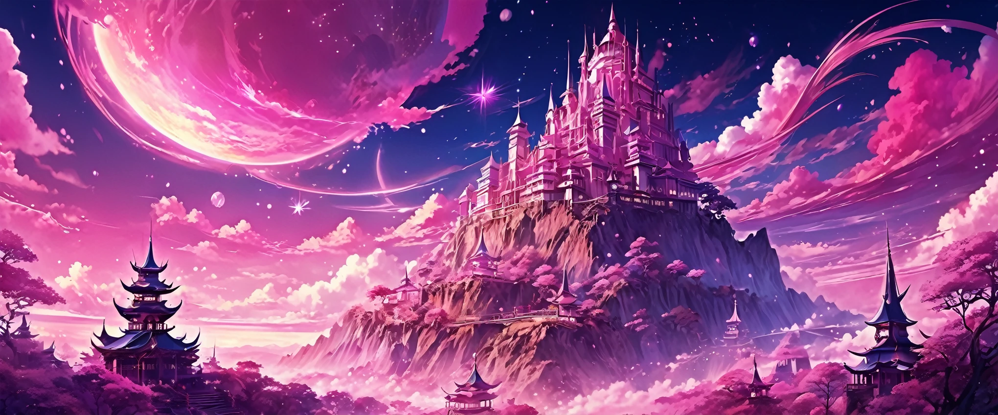 anime fantasy world magic full color,imaginary world,Pink tones