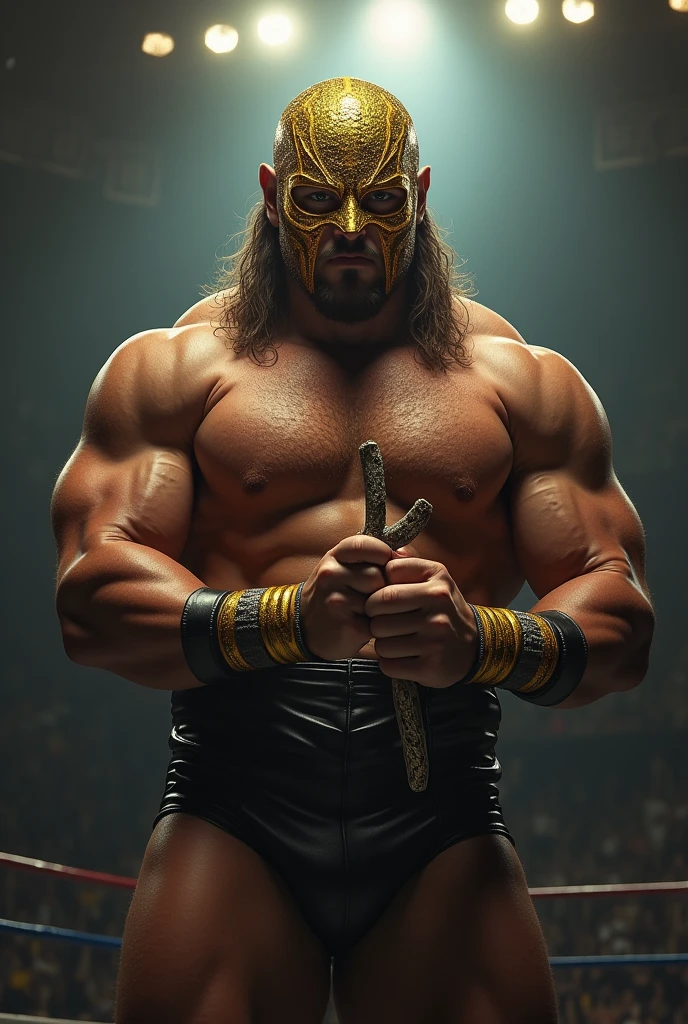 wrestler with golden mask holding a dildo