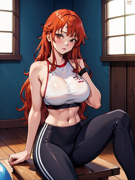 masterpiece, tall, long red hair, detailed, large breasts, black topper, black leggings, gym location, sitting position