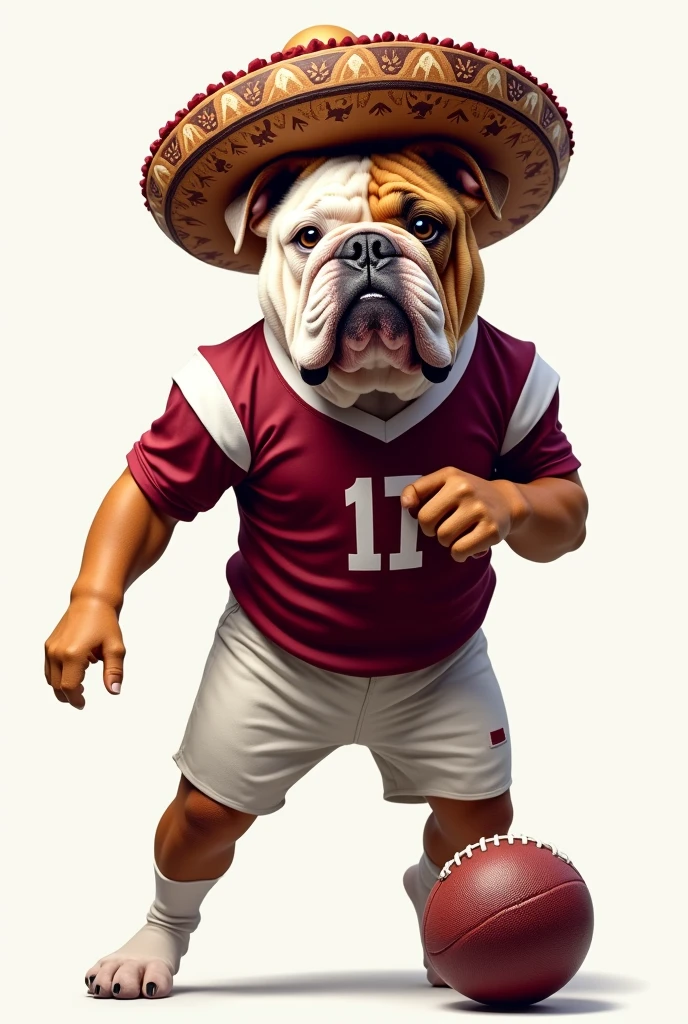 Bulldog playing football dressed for fiesta with sombrero with a maroon and white jersey no background 
