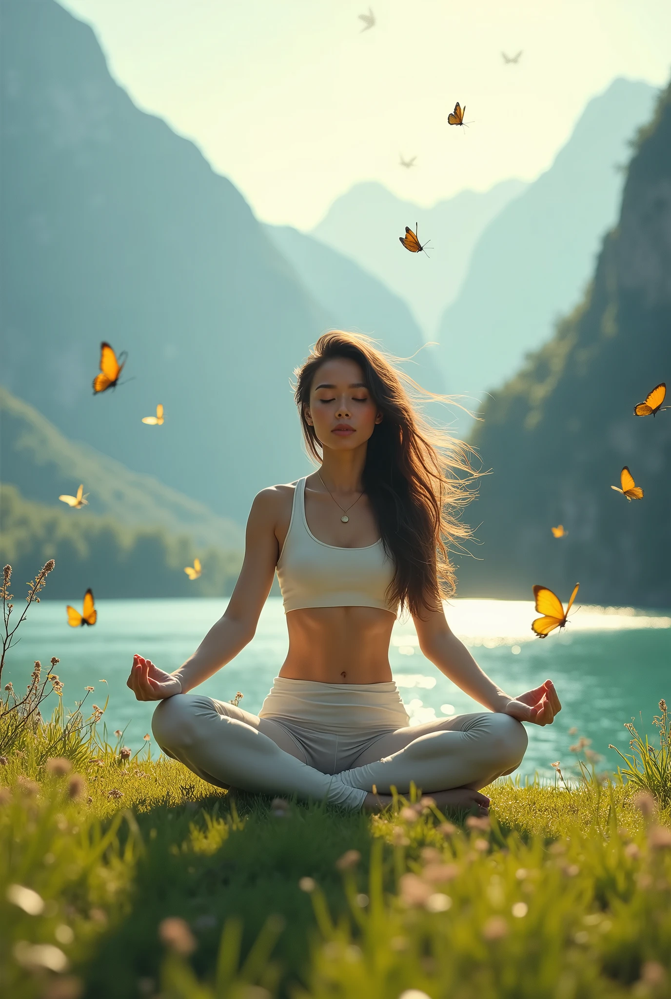woman doing yoga pose in a field with a lake in the background with butterflies flying around her