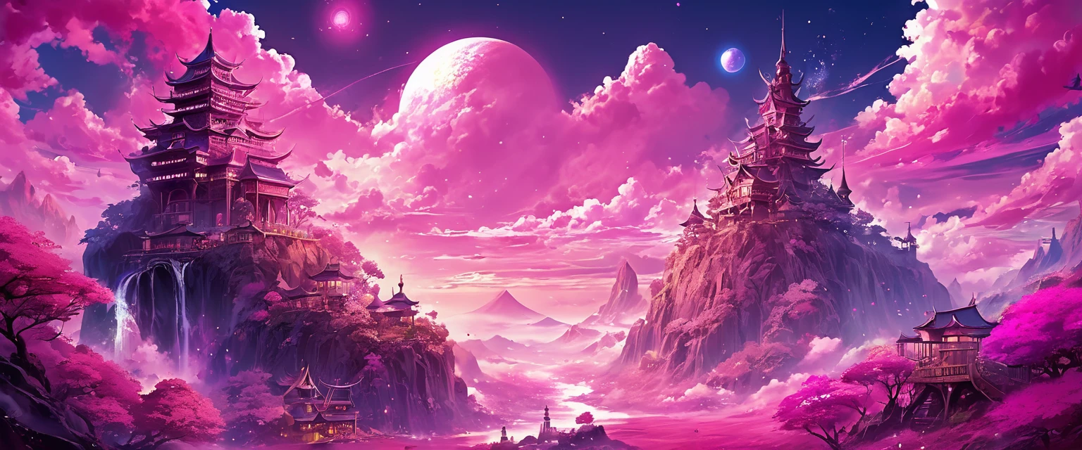 anime fantasy world magic full color,imaginary world,Pink tones