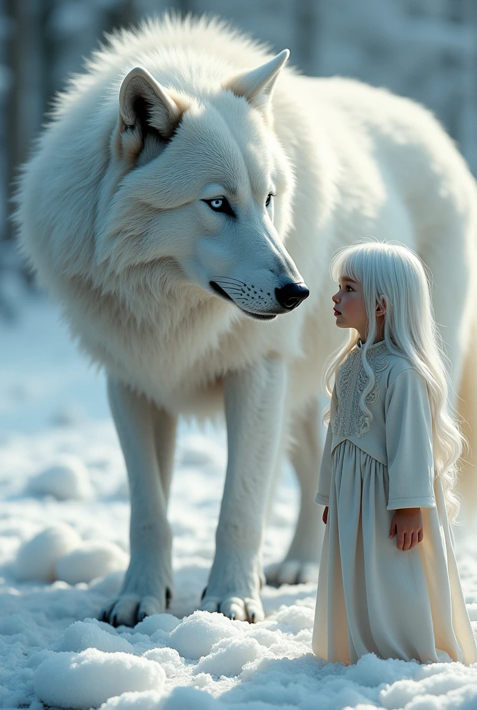 Boy with long straight white hair and gray eyes next to a white wolf