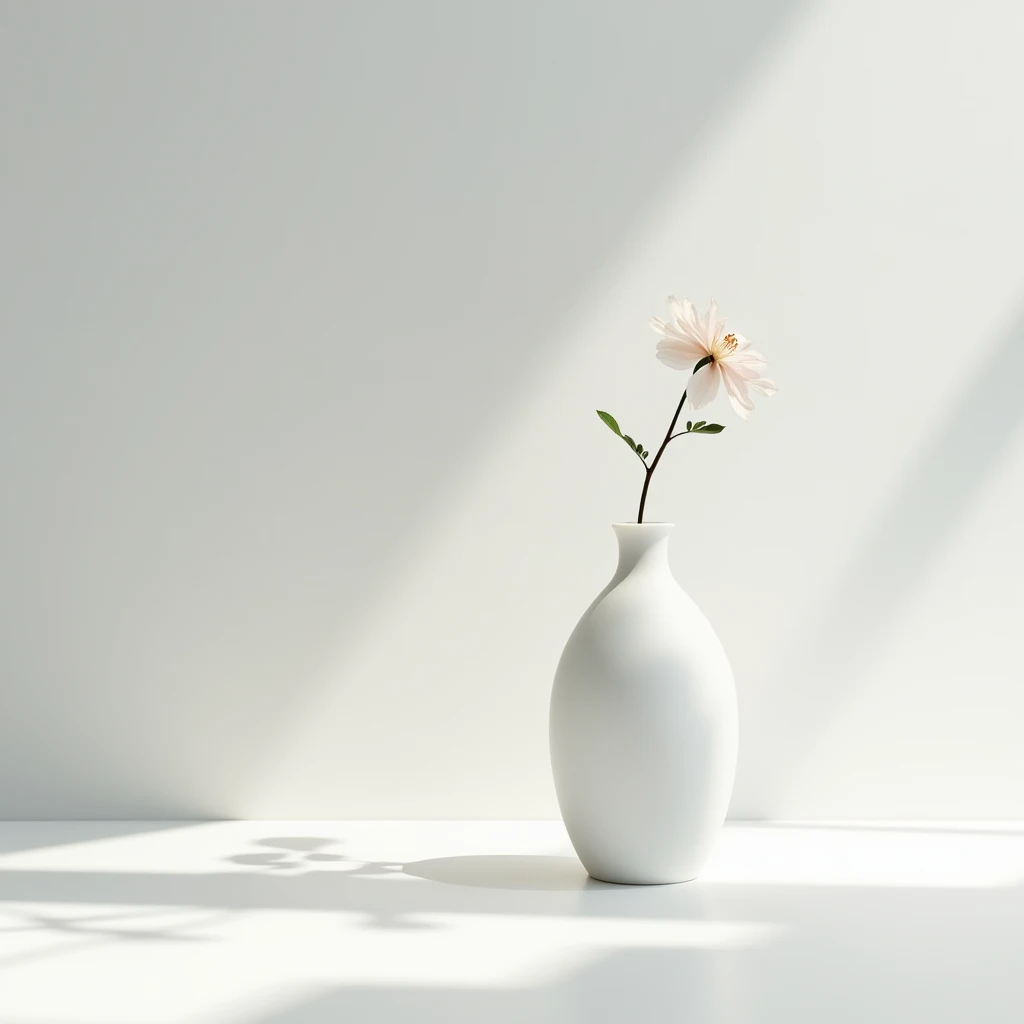 "A photograph with a light gray background, softly lit by sunlight. On the white floor sits a single white vase holding one flower, creating a simple and elegant scene."