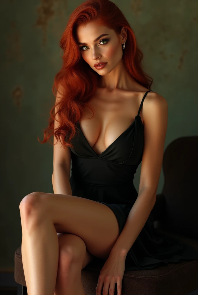 a beautiful woman, long straight red hair, (30 years old, green eyes, hourglass figure, perfect body, natural medium breasts), detailed face, detailed eyes, detailed lips, beautiful long eyelashes, photorealistic, femme fatale, she is a sex icon, she is a sex goddess, long eyelashes, cat-eye make-up, (8k), (best quality), (masterpiece:1.2), (realisti), (fotorealisti:1.37), Ultra-detail, woman sits on a stool and wears high heels and a black dress, Schlanke legs, straffe legs, Elegante legs, beautiful slim legs, long legs, very nice slender legs, long, thin legs, beautiful legs, beautiful legs, Very nice long, schlanke legs, schlanke legs, beautiful leg, Perfectly balanced, legs sichtbar, gekreuzte legs, volle legs, legs, Kurze legs