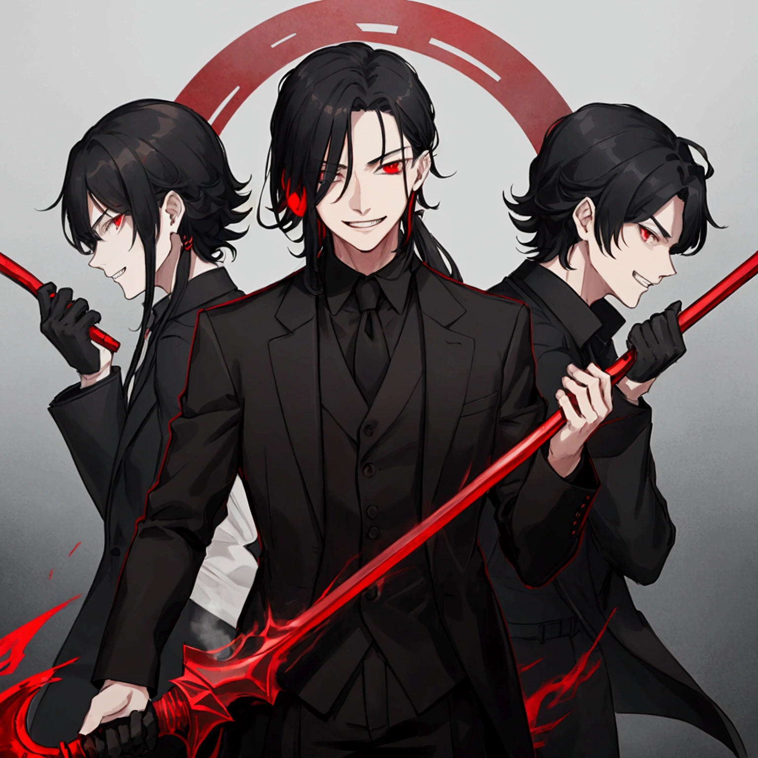 A man in a black jacket, black baggy pants and red eyes, Grinning, man in black clothes with red eyes holding a scythe, ghosts in the background, strong and powerful man with black hair and red eyes