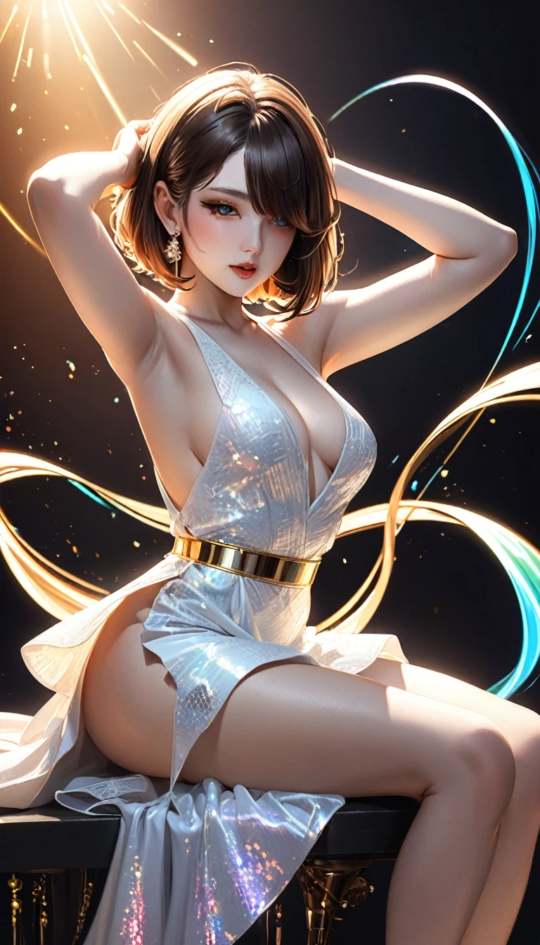 beautiful lady, glossy orange brown layered bob-cut, hair over one eye, (attractive and seductive) and (amorous and lewd) face, make-up, wearing white knit sleeveless dress, gold accessories, high heels, glamorous proportions, arms up armpits, sitting pose, background dim bar, (ultra detailed, absolutely resolution, best quality:1.3), 2.5D, delicate and dynamic effects, iridescent lighting effects, artistic, hyper, graphic CG digital art