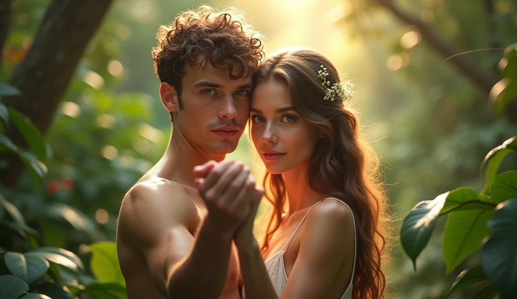 Descreva uma imagem de Adam holding Eve's hand in the enchanting garden of Eden with Adam. Adam is in his 20s, short curl light brown 7" hair, green eyes. Eve is in her mid 20s, emerald color eyes, extremey  beautiful, long light brown hair, dressed in leaves. emanating a divine aura and looking directly into the camera with a penetrating and compassionate gaze. The scene around him radiates a sense of serenity and transcendence, com cores suaves e uma atmosfera celestial. Highlight the details of the expression on your face, the sparkle in your eyes and the sense of peace and grace that your presence radiates in this sacred moment, 32K UHD, Style Raw, Afternoon sun, warm tone, cinematic