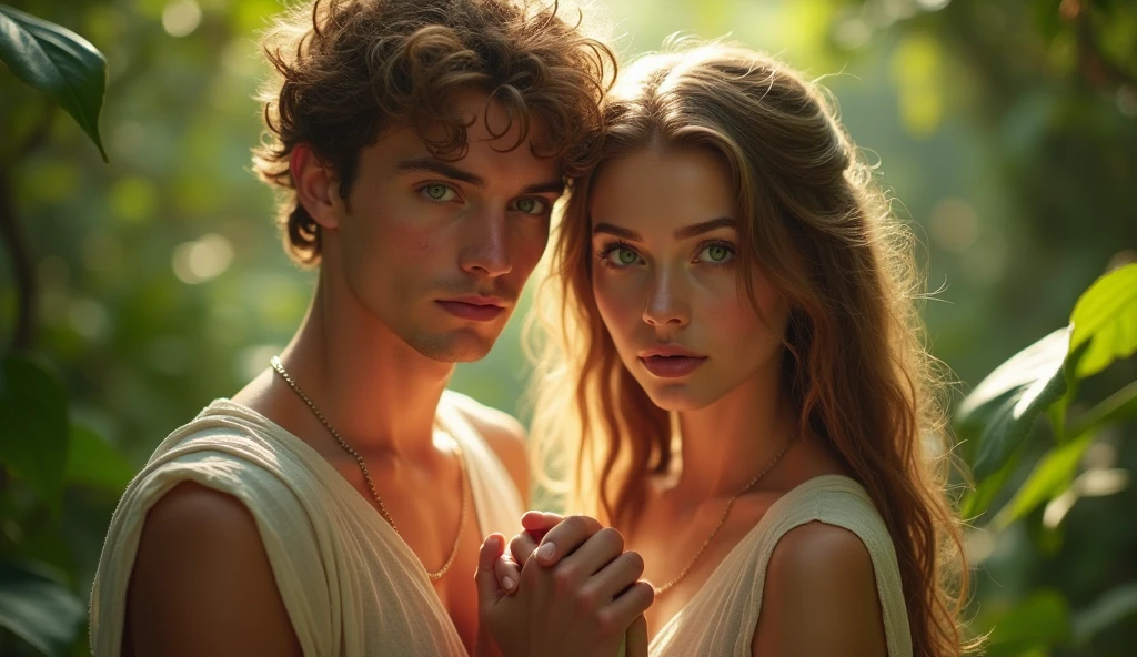 Descreva uma imagem de Adam holding Eve's hand in the enchanting garden of Eden with Adam. Adam is in his 20s, short curl light brown 7" hair, green eyes. Eve is in her mid 20s, emerald color eyes, extremey beautiful, long light brown hair, dressed in leaves. emanating a divine aura and looking directly into the camera with a penetrating and compassionate gaze. The scene around him radiates a sense of serenity and transcendence, com cores suaves e uma atmosfera celestial. Highlight the details of the expression on your face, the sparkle in your eyes and the sense of peace and grace that your presence radiates in this sacred moment, 32K UHD, Style Raw, Afternoon sun, warm tone, cinematic