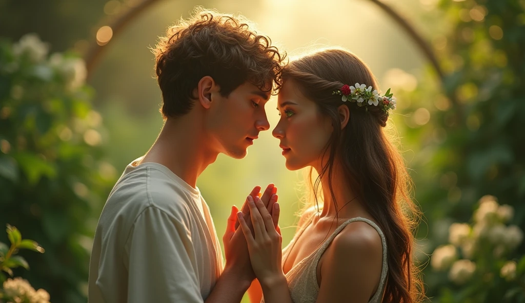 Descreva uma imagem de Adam holding Eve's hand in the enchanting garden of Eden with Adam. Adam is in his 20s, short curl light brown 7" hair, green eyes. Eve is in her mid 20s, emerald color eyes, extremey  beautiful, long light brown hair, dressed in leaves. emanating a divine aura and looking directly into the camera with a penetrating and compassionate gaze. The scene around him radiates a sense of serenity and transcendence, com cores suaves e uma atmosfera celestial. Highlight the details of the expression on your face, the sparkle in your eyes and the sense of peace and grace that your presence radiates in this sacred moment, 32K UHD, Style Raw, Afternoon sun, warm tone, cinematic