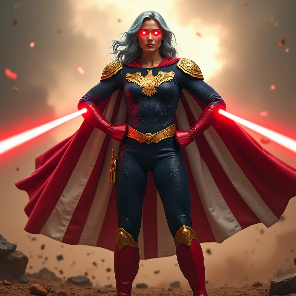 An imposing superhero stands with a confident posture, hands on hips. She wears a dark blue jumpsuit with golden eagle heads on the shoulders and a golden belt. A red and white cape, inspired by the American flag, floats behind her. His eyes glow in intense red, projecting laser beams in an off-field direction, illuminating the scene with bright light. The background is dusty, evoking an atmosphere of combat or destruction, and debris is visible on the ground, reinforcing the intensity of the scene. She has long light blue hair, large breast, wears red gloves until her elbows