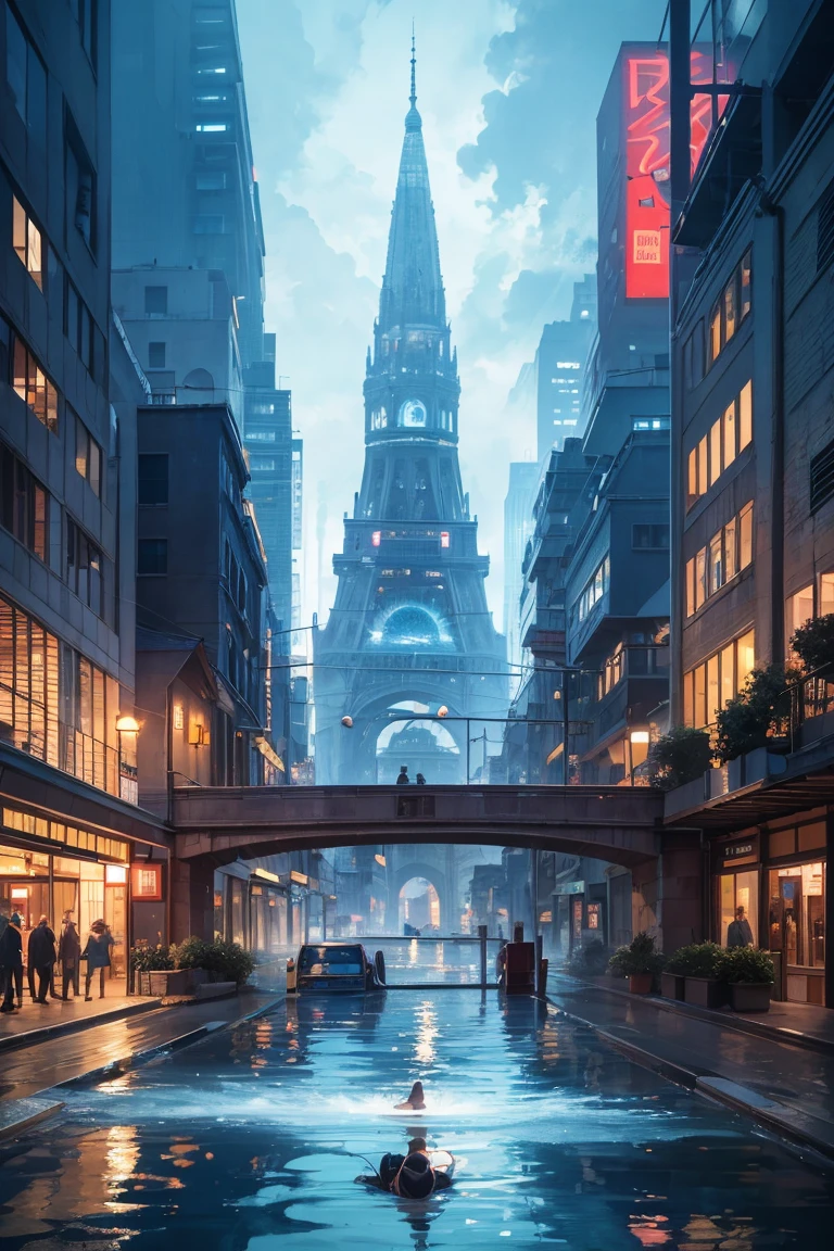 "An imaginative artwork that blends the bustling energy of a city during rush hour with the serene, nostalgic memories of childhood. In the scene, water cascades from an invisible source in the sky, flooding the streets filled with businesspeople rushing to work. As the water pours, it transforms into a dreamlike vision: young boys and girls are joyfully diving into a small, clear stream, their faces glowing with happiness. The edges of the cityscape blur, merging seamlessly with elements of a whimsical, surreal world. The buildings and streets are partially submerged in water, with reflections that hint at a different reality. The scene is bathed in soft, glowing light, with vibrant colors and ethereal, otherworldly textures, reminiscent of a dream. This artwork should evoke a sense of wonder and nostalgia, capturing the contrast between the mundane and the magical."