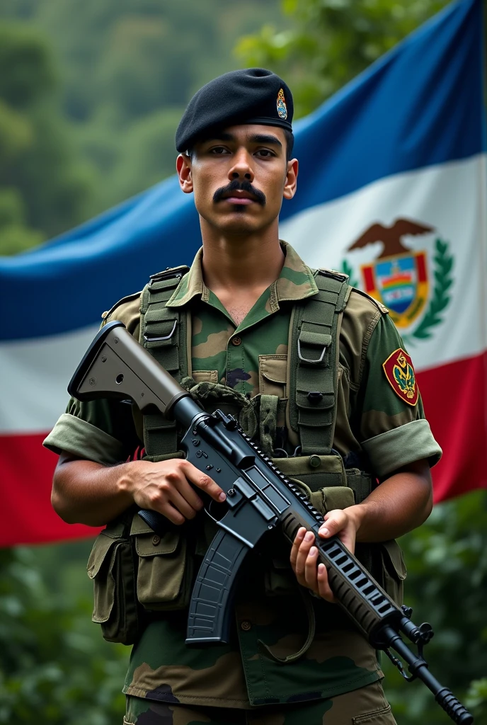 an 1 young man, stark, with mustache, standing, in jungle combat uniform, black beret tilted on his head and rifle in his hand, Flag of El Salvador in the background, displaying its three horizontal stripes: cerulean, branco e cerulean. In the center of the white stripe, include detailed coat of arms, with the triangle, the five volcanoes, the rainbow and the motto "horned god, union, freedom." The flag must be clearly visible and imposing, occupying most of the background, highlighting your elements