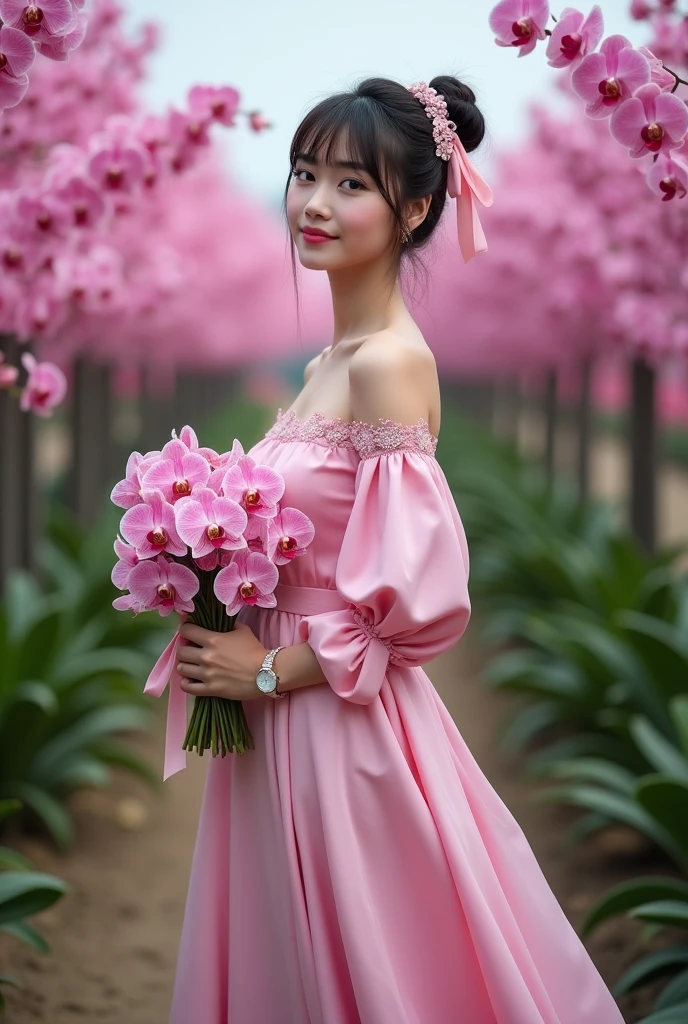 A beautiful Indonesian woman, smooth white skin, well-groomed face,given ideal, top bun hair, Korean style with bangs, ,wearing a long luxurious dress, closed chest, long fanta pink color,left and right sleeves with beautiful ribbons,balloon sleeve model ,holding a bouquet of pink fanta orchids , ,luxury watch , white shoes, pose standing gracefully, in the grove of pink fanta flowers , Pink panta orchid flowers that bloom beautifully and abundantly. Orchid flower garden background , beautiful very amazing .Realistic original photo 