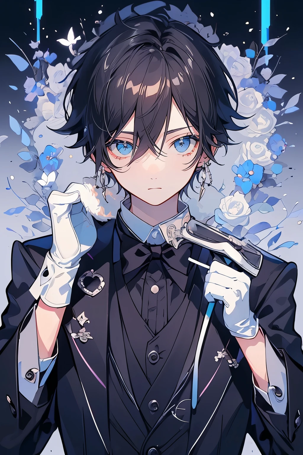 (Mastepiece)、(Best Quality)、Very detailed、((One man:1.5))、Perfect Face、Beautiful Face、Very detailedな顔、(Black Hair:1.3)、Black butler uniform、(White gloves:1.3)