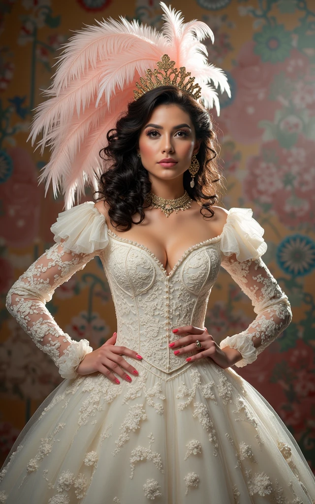 A high-quality photo of Rosi Ramírez. She is elegantly portrayed as a sophisticated señorita. She dons a magnificent RED evening gown with intricate details and a cascading feathered headpiece that perfectly complements her dark, curly hair. Rosi's intense, mysterious gaze is accentuated by her confident and graceful posture. The dreamy, romantic backdrop blends pastel colors, creating a nostalgic and enchanting atmosphere that transports the viewer into a magical world.