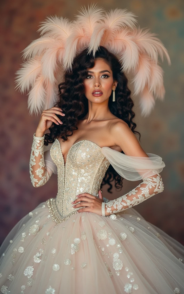 A high-quality photo of Rosi Ramírez. She is elegantly portrayed as a sophisticated señorita. She dons a magnificent RED evening gown with intricate details and a cascading feathered headpiece that perfectly complements her dark, curly hair. Rosi's intense, mysterious gaze is accentuated by her confident and graceful posture. The dreamy, romantic backdrop blends pastel colors, creating a nostalgic and enchanting atmosphere that transports the viewer into a magical world.