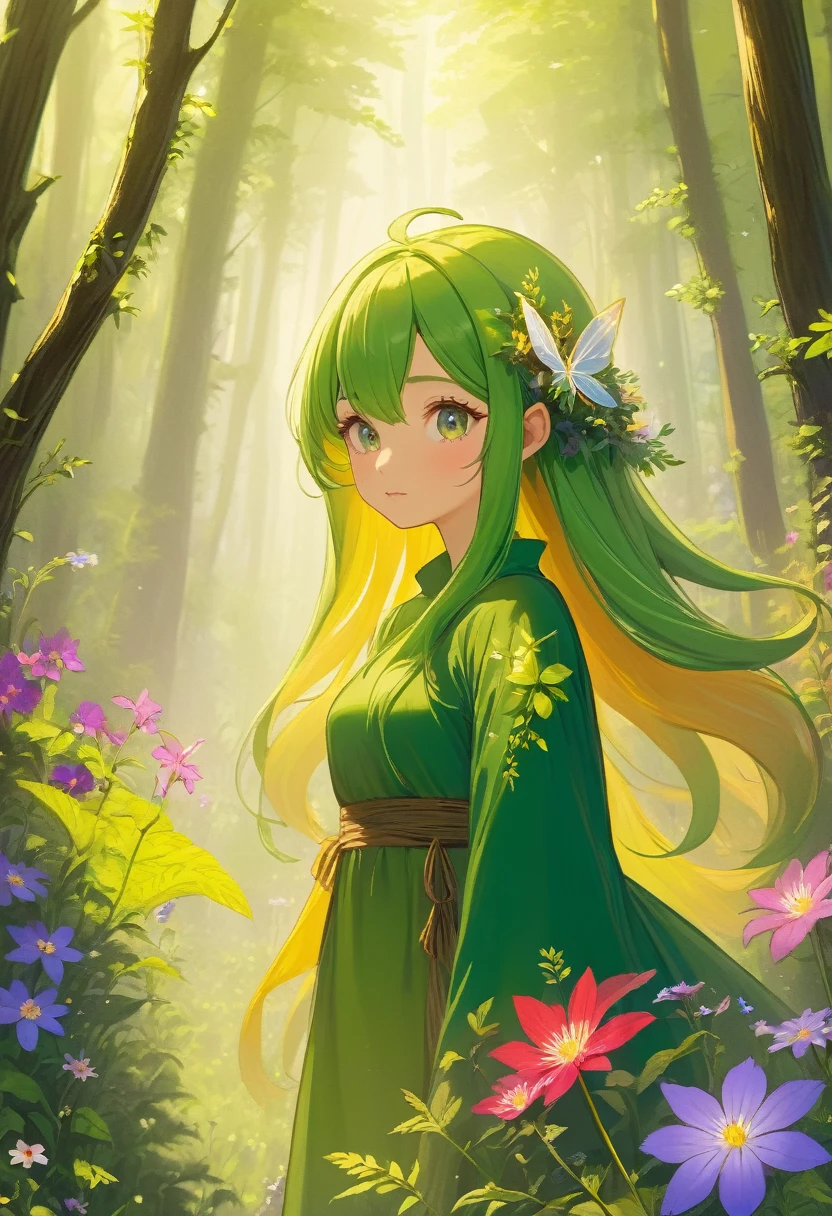 Forest Fairy,Mysterious girl,wood々In the thick forest,光に包まれた幾人もの妖精がwoodの枝に座っている,Mysterious Mysterious,Vibrant wildflowers blooming in the forest,Fantasy,Exquisite atmosphere,Masterpiece,Highest quality,Detailed anime art,Digital Art,