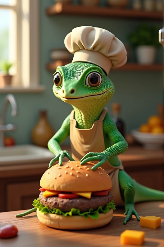 A lizard putting hamburger steak and cheese on a bun