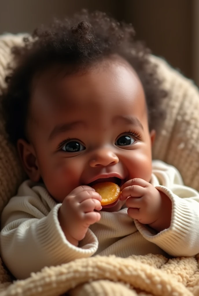 dark-skinned baby under 6 months old eating