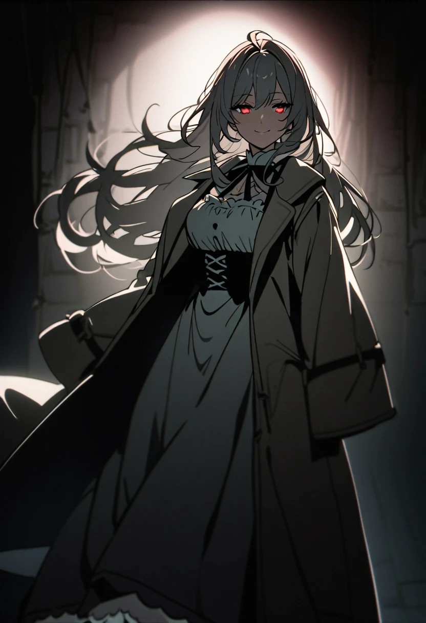 A mature woman with an unsettleing smile and peircing yet dull deep red eyes. a large ankle lenght grey trench coat. Underneath both coats is a 1890's asylum maid uniform. Low light, little light, dim, dingy, long grey flowing hair.