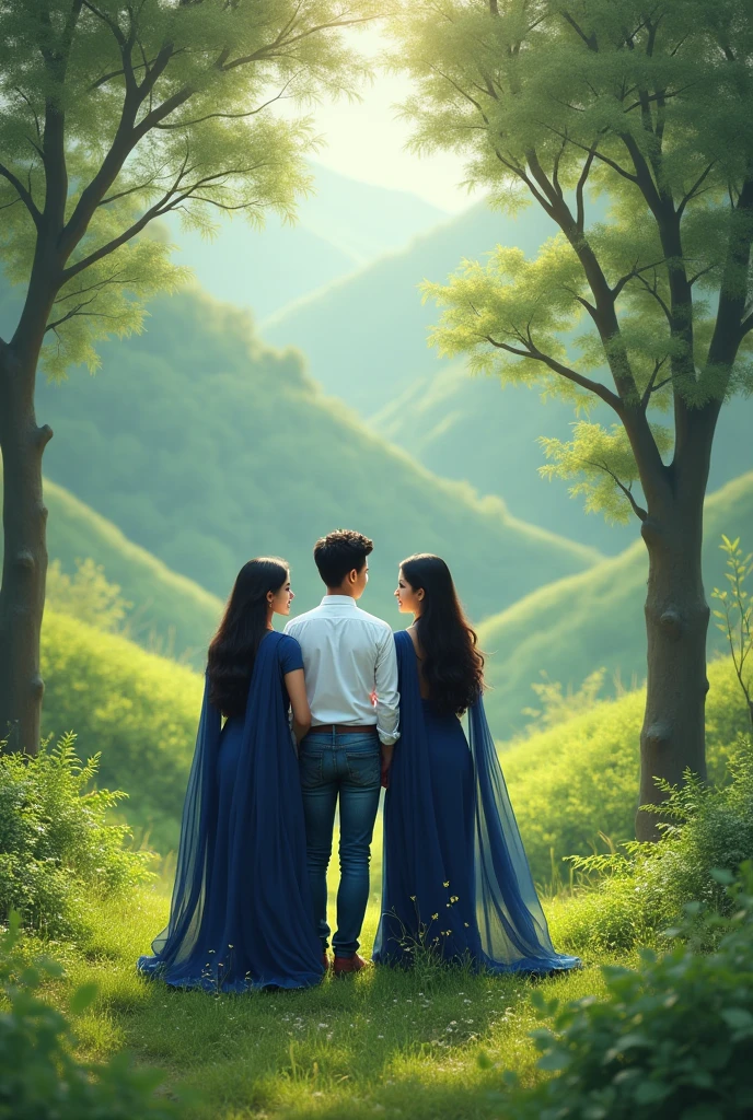 A 2 boy wear white shirt blue jeans standing on hill with his 2 girlfriend she wear neavy blue saree and they looking in  so gorgeous and background is with greenery 