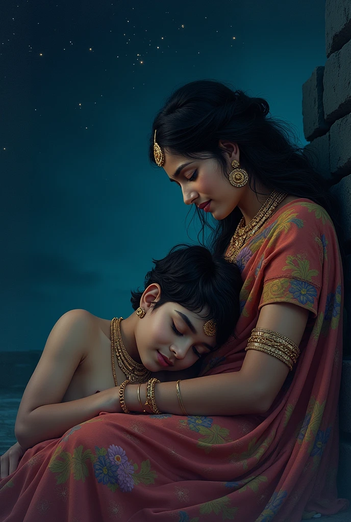a teen ager boy is sleeping by putting his head in goddess kali lap. night scene .
she is in saree she is looking soo beautiful with love