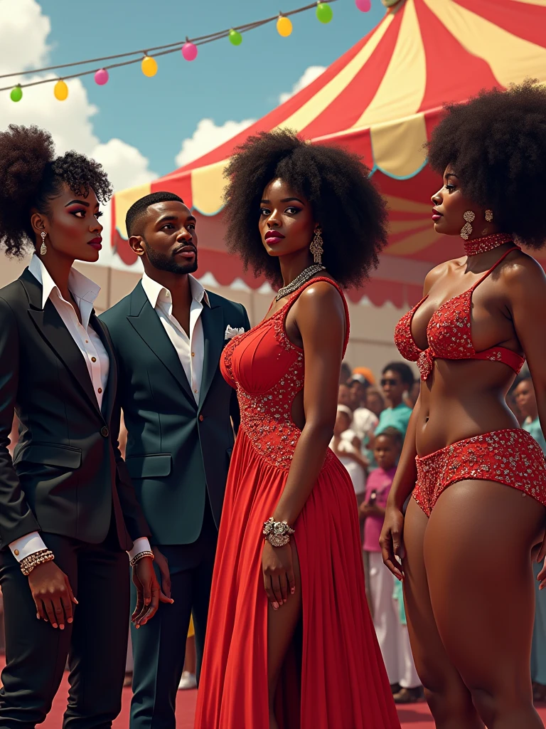BIG BOOTY CONTEST judges, luxury apparel, dark skin complexion Women, carnival location