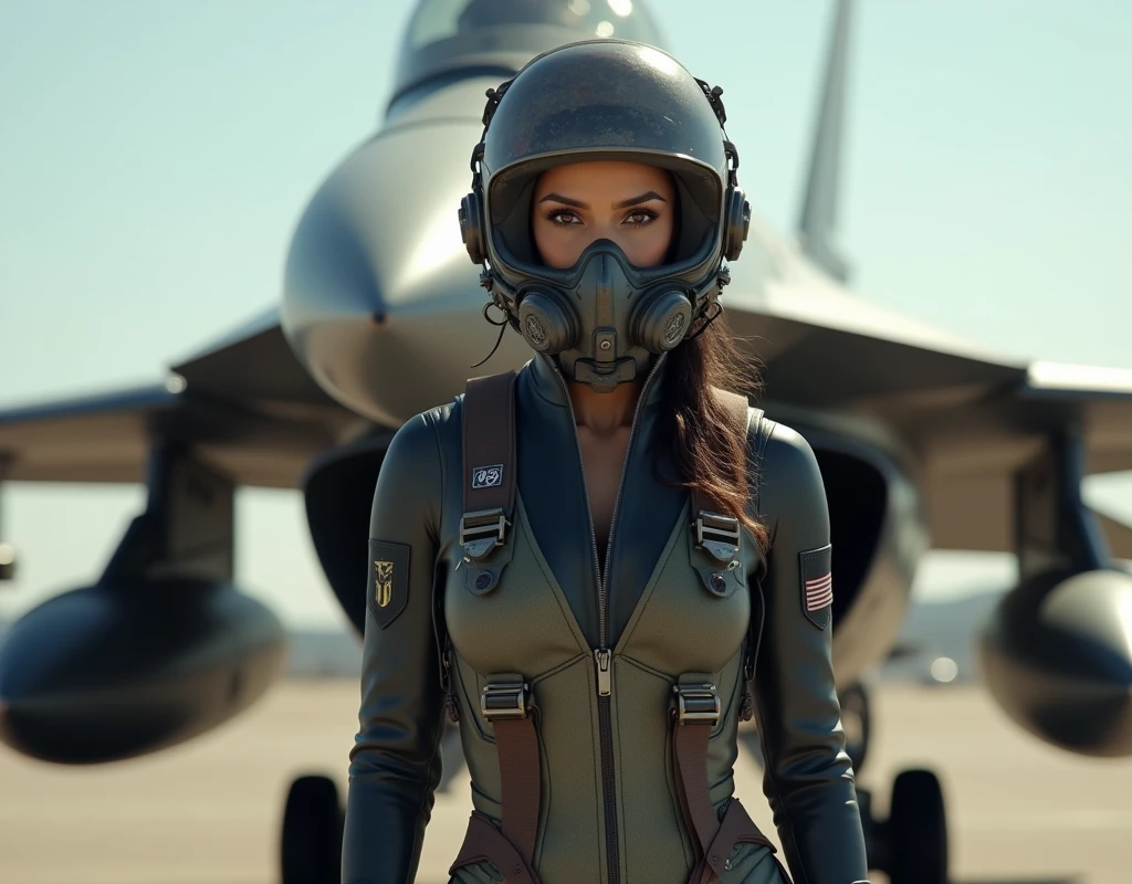 Madhuri Dixit wearing a fighter pilot suit, a pilot helmet and oxygen mask, standing beside a F16, full body view,