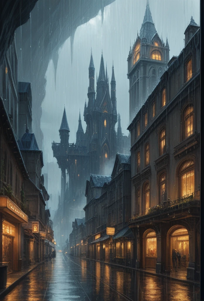 score_9, score_8_up, score_7_up, a fantasy city built within a vast cave, sleek glass buildings, elegant walkways between towers, illustration, raining, dark and moody lighting, digital art, oil painting, fantasy, 8 k, trending on artstation, detailed