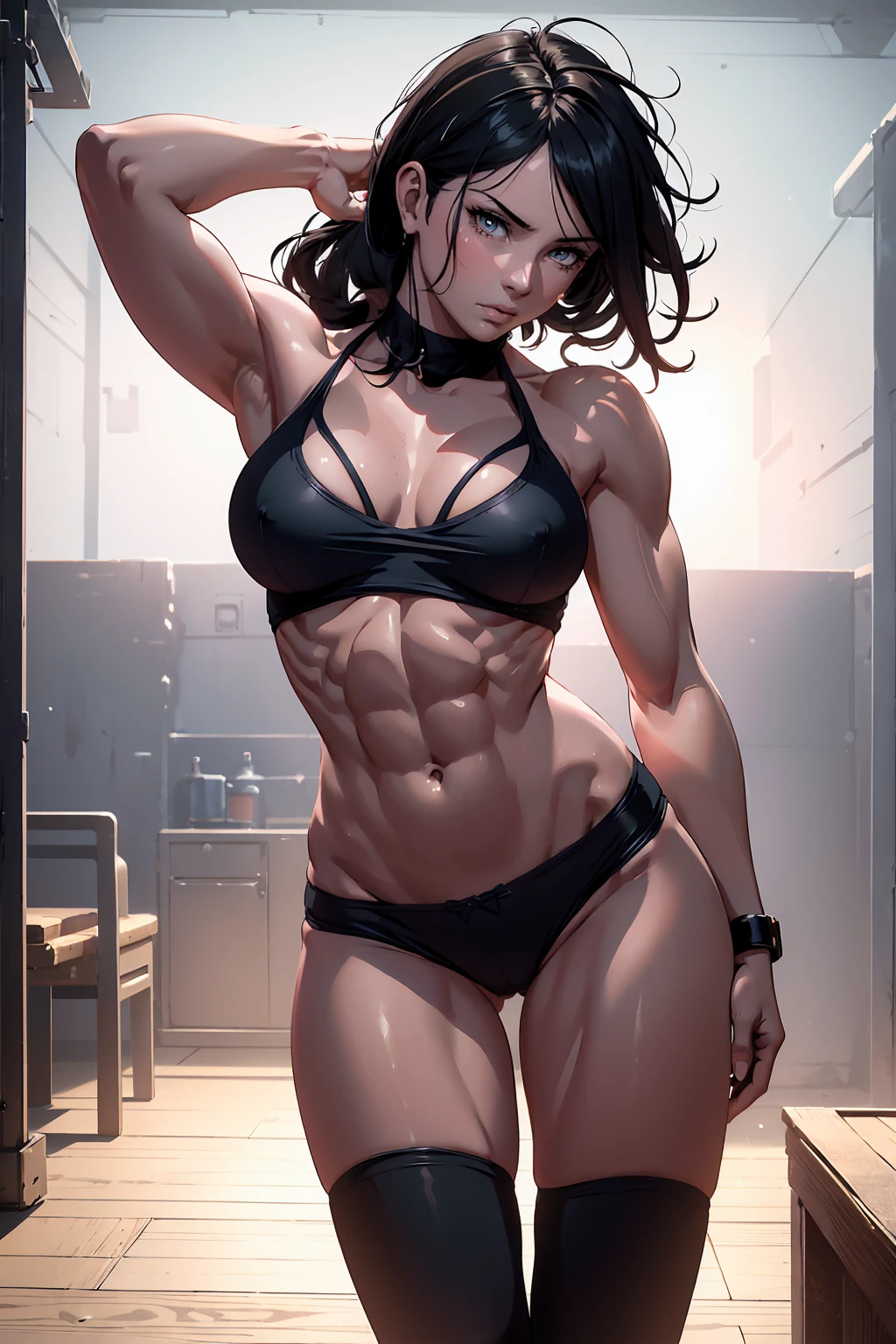 a muscular woman,six pack abs, ripped body, female, naked, full body, standing, armpit (best quality,4k,8k,highres,masterpiece:1.2),ultra-detailed,(realistic,photorealistic,photo-realistic:1.37),intricate details,highly detailed face and eyes,extremely detailed skin and muscles,detailed sarada uchiha character,hyper detailed and realistic,dark fantasy,dramatic lighting,cinematic composition