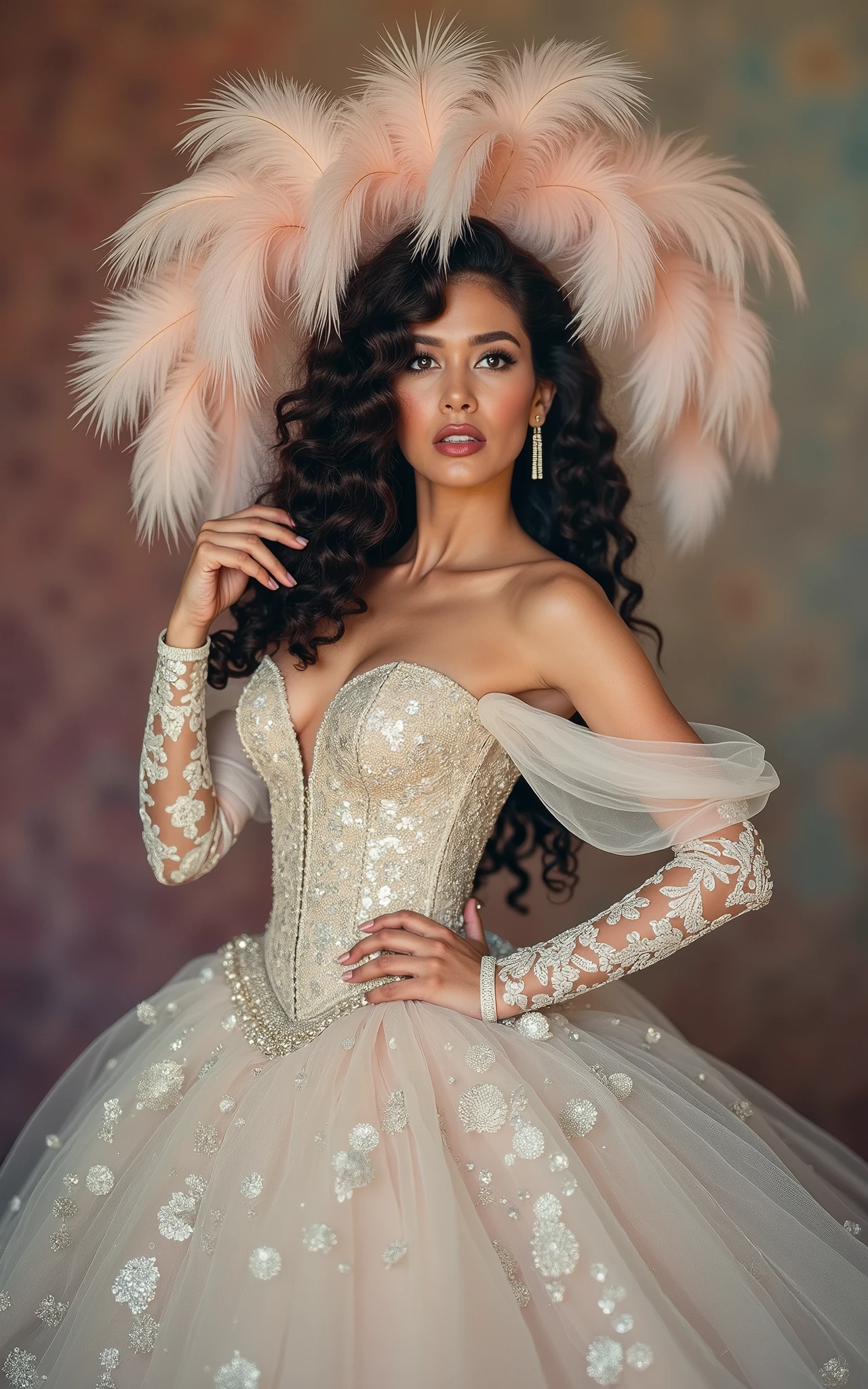 A high-quality photo of Rosi Ramírez. She is elegantly portrayed as a sophisticated señorita. She dons a magnificent evening gown with intricate details and a cascading feathered headpiece that perfectly complements her dark, curly hair. Rosi's intense, mysterious gaze is accentuated by her confident and graceful posture. The dreamy, romantic backdrop blends pastel colors, creating a nostalgic and enchanting atmosphere that transports the viewer into a magical world.
