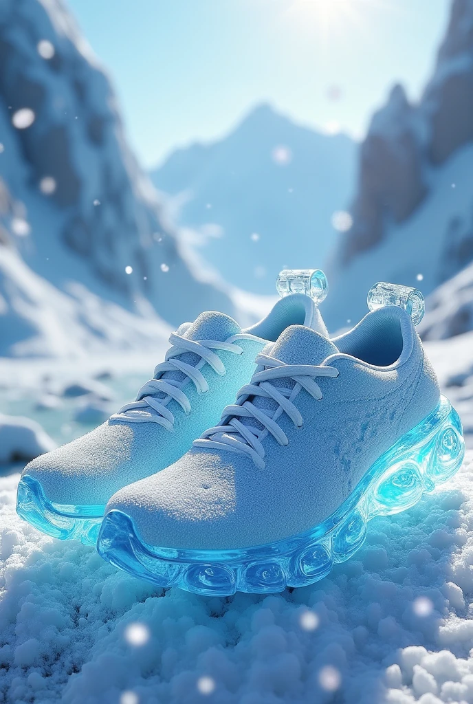 Image of some incredible, almost realistic ice sneakers with an incredible background to make them look unique