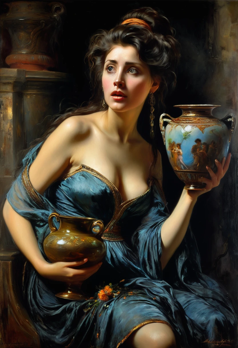 oil painting, semi- woman, holding a vase, look of a surprised woman, dark background, high detail, inspired by Leopold Schm Philippe de Laszlo, inspired by Konstantin Makovsky, high fantasy. Royo, by Willem Kalf, Artistic style by Leopold Schmutzler,l Bryullov, louis Royo, Herbert James Gunn, based on Howard Chandler Christie