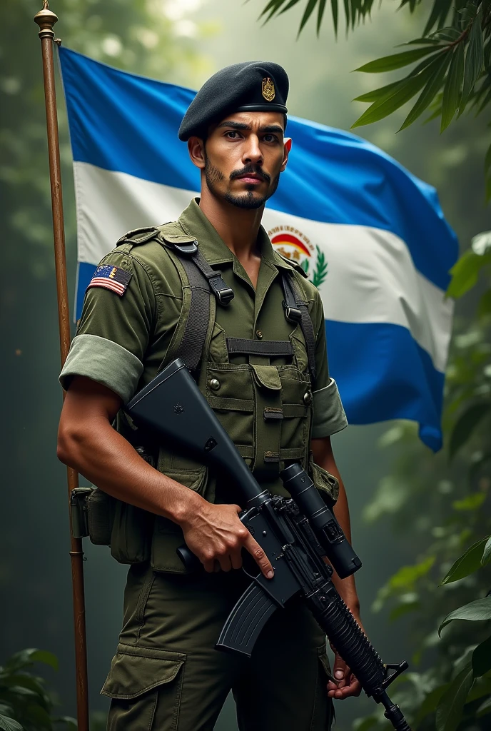 an 1 young man, stark, with mustache and goatee, standing, in jungle combat uniform, black beret tilted on his head and rifle in his hand, Flag of El Salvador in the background, displaying its three horizontal stripes: cerulean, branco e cerulean. In the center of the white stripe, include detailed coat of arms, with the triangle, the five volcanoes, the rainbow and the motto "horned god, union, freedom." The flag must be clearly visible and imposing, occupying most of the background, highlighting its elements