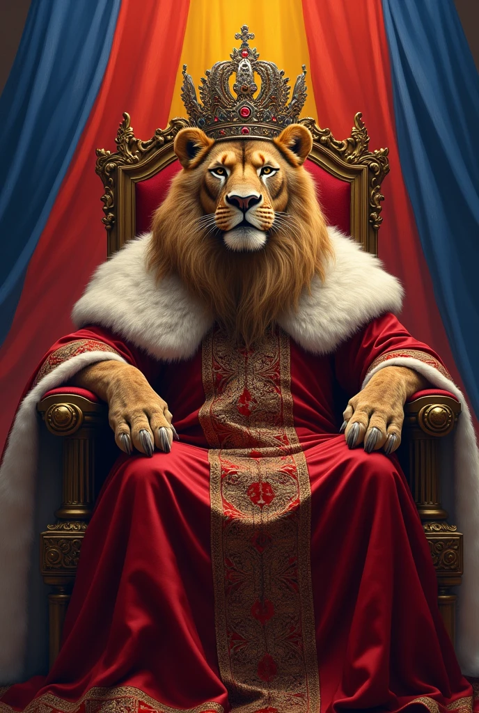 the king in the king's dress, with a beautiful crown, the strong king lion sitting on his royal throne with the Armenian flag behind him