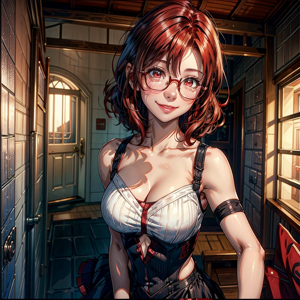.1 woman,Alone, breasts a little big,short hair, Red eyes, curly hair, natural redhead,Red eyes, round glasses, from above, smile, Blush all over the face, coquette, throw, smile radiante, standing, Entrance of a house, tilted head.