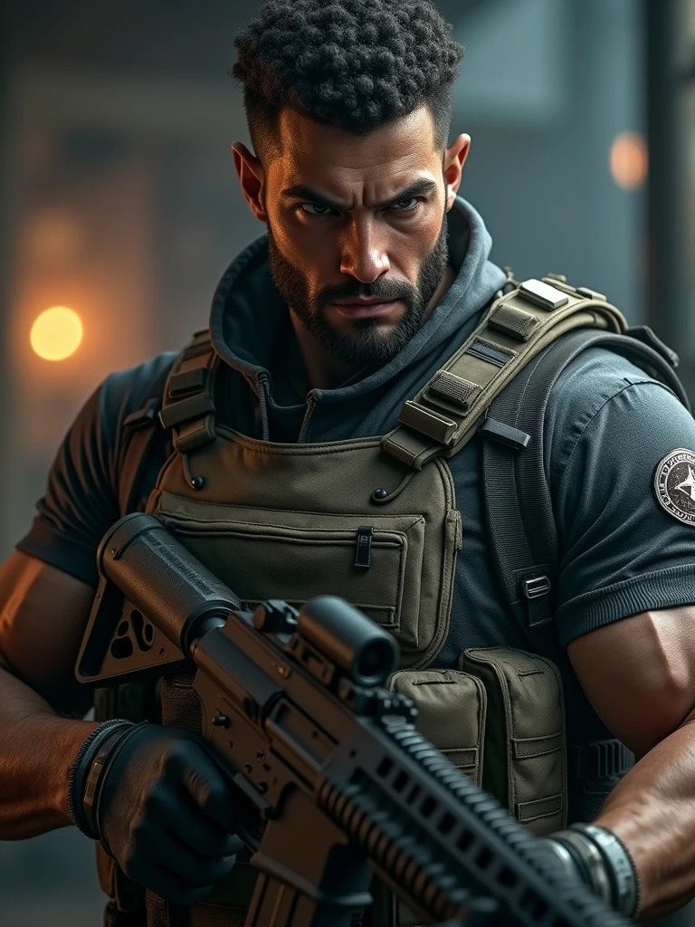 A 30 year man who pubg xsuit have a big machine gun in only one hand and machine gun , looking at screen realistic image face and body properly visible body facing front side while man looking at screen man alon in image