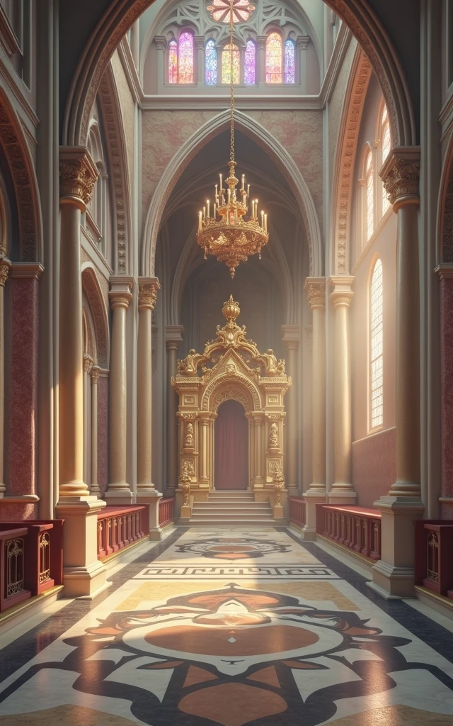 medieval court decoration, intricate ornate architecture, grandiose cathedral interior, ornate golden throne, tapestry wall hangings, stained glass windows, ornate chandelier, detailed marble flooring, (best quality,4k,8k,highres,masterpiece:1.2),ultra-detailed,(realistic,photorealistic,photo-realistic:1.37),dramatic lighting, rich color palette, Renaissance style, opulent, majestic, awe-inspiring