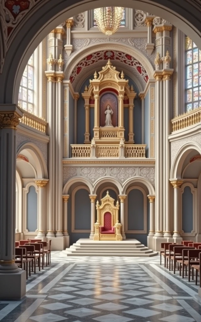medieval court decoration, intricate ornate architecture, grandiose cathedral interior, ornate golden throne, tapestry wall hangings, stained glass windows, ornate chandelier, detailed marble flooring, (best quality,4k,8k,highres,masterpiece:1.2),ultra-detailed,(realistic,photorealistic,photo-realistic:1.37),dramatic lighting, rich color palette, Renaissance style, opulent, majestic, awe-inspiring