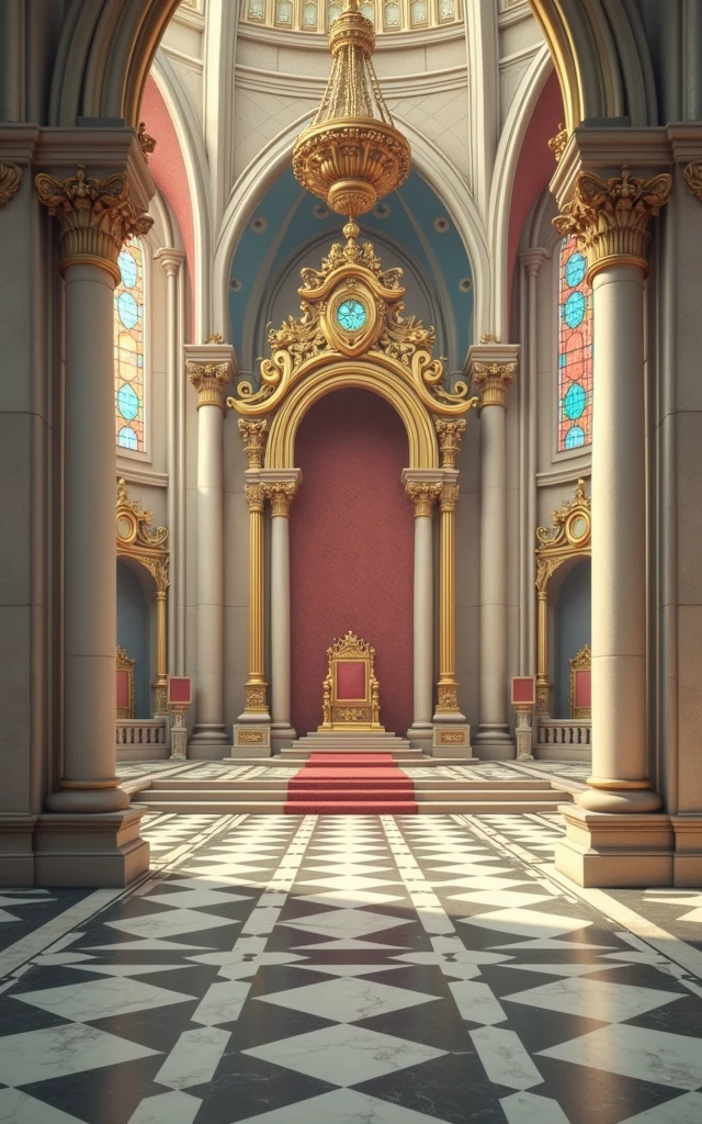medieval court decoration, intricate ornate architecture, grandiose cathedral interior, ornate golden throne, tapestry wall hangings, stained glass windows, ornate chandelier, detailed marble flooring, (best quality,4k,8k,highres,masterpiece:1.2),ultra-detailed,(realistic,photorealistic,photo-realistic:1.37),dramatic lighting, rich color palette, Renaissance style, opulent, majestic, awe-inspiring