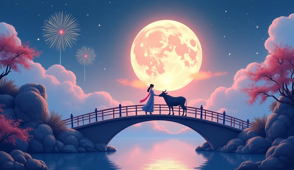 Chinese Mid-Autumn Festival poster design,Light tones,blue and violet,Dreamlike scene,warm color,Cloud Arch Bridge,Weaver girl and cowherd meet on the bridge,Huge Moon,fireworks,Starry Sky,Strange composition,Rich details,top view,Telephoto,Chinese traditions,exit,landscape,auspicious,Light background,best quality,Pastel,Soft Light,4K,plant