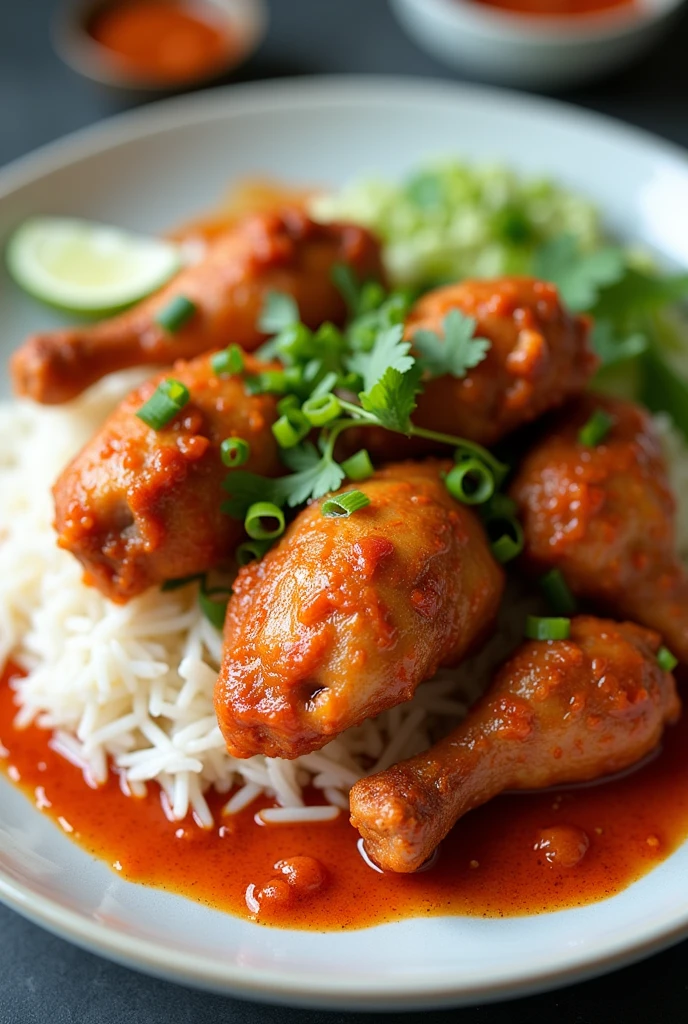 Chicken , white rice with sambal
