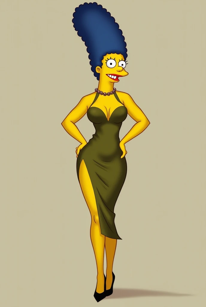 Marge Simpson Olive Green Dress, con avertura mostrando thigh, thigh, cartoon high heel shoe smile closed mouth, sexy and daring