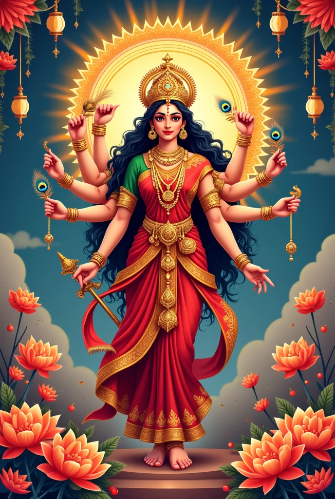Illustration of Goddess Durga in Happy Dussehra Navratri background Template Design celebrated in Hindu Religion and festival of durga pujaBasic RGB