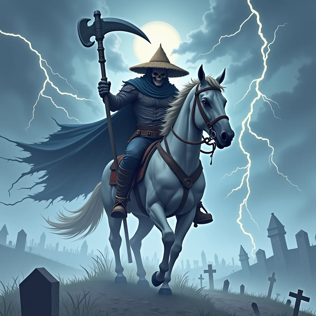 (Best quality, 4k, 8k, high resolution, masterpiece), ultra detailed, realistic, background written "FarmMasteR", scythe weapon, warrior farmer outfit with straw hat, riding evil horse, energy circulates around the body, electric battle aura, Dynamic lighting, ominous atmosphere, lightning bolts, Sinister and desolate, twisted trees, frightening fog, Ominous shadows, weathered scarecrows, distorted landscapes, haunting whispers, menacing skies, crumbling ruins, menacing storm that brews, lingering sense of darkness, ominous runes, broken tombstones, mystery and suspense, brutal and intense, terror and fear, gothic elements, oppressive silence, menacing presence, horror-filled atmosphere, dark and tormented souls, sinister energy , evoking a feeling of devastation, a reality steeped in nightmares,
