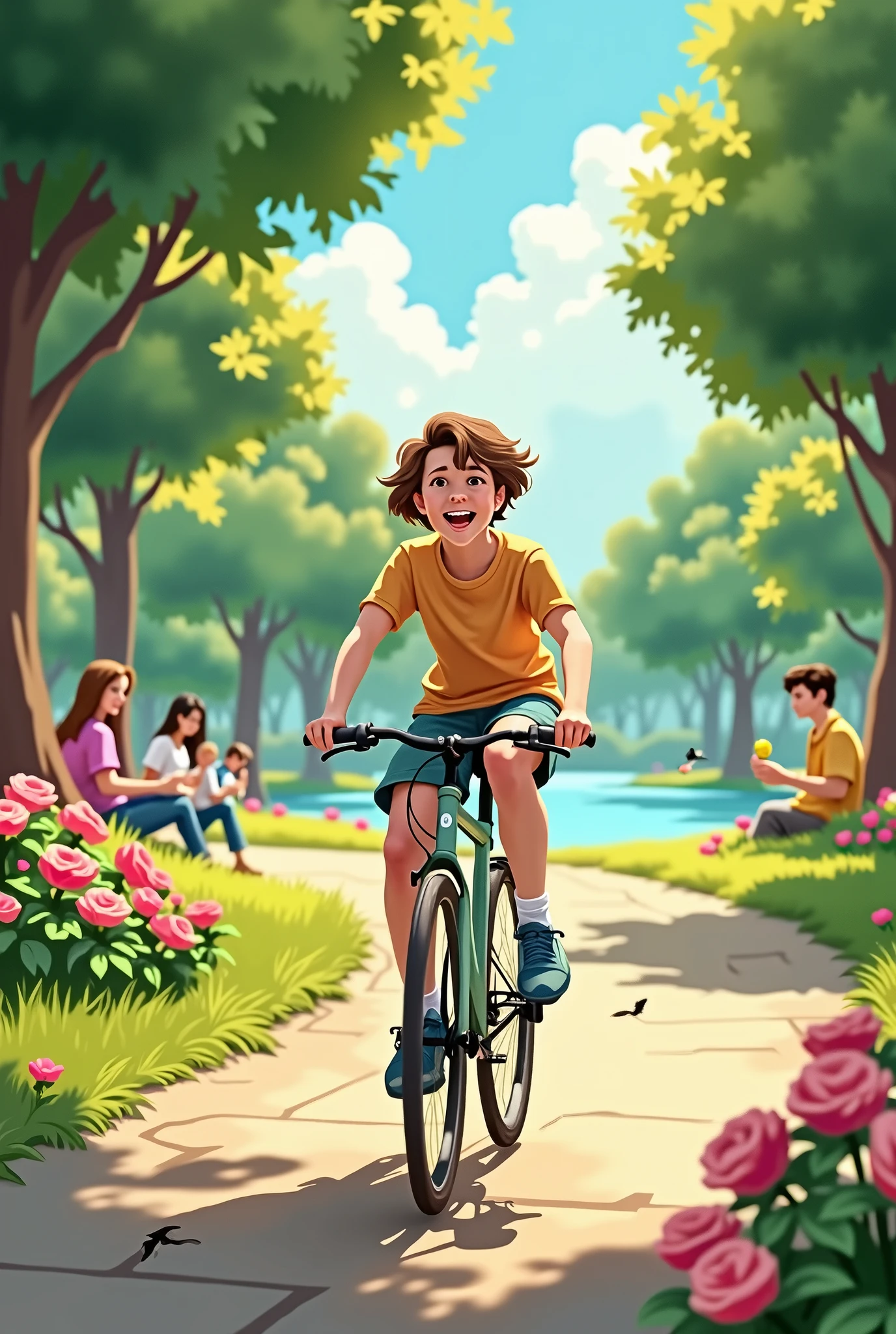 my, He was happily riding his bike in the park..