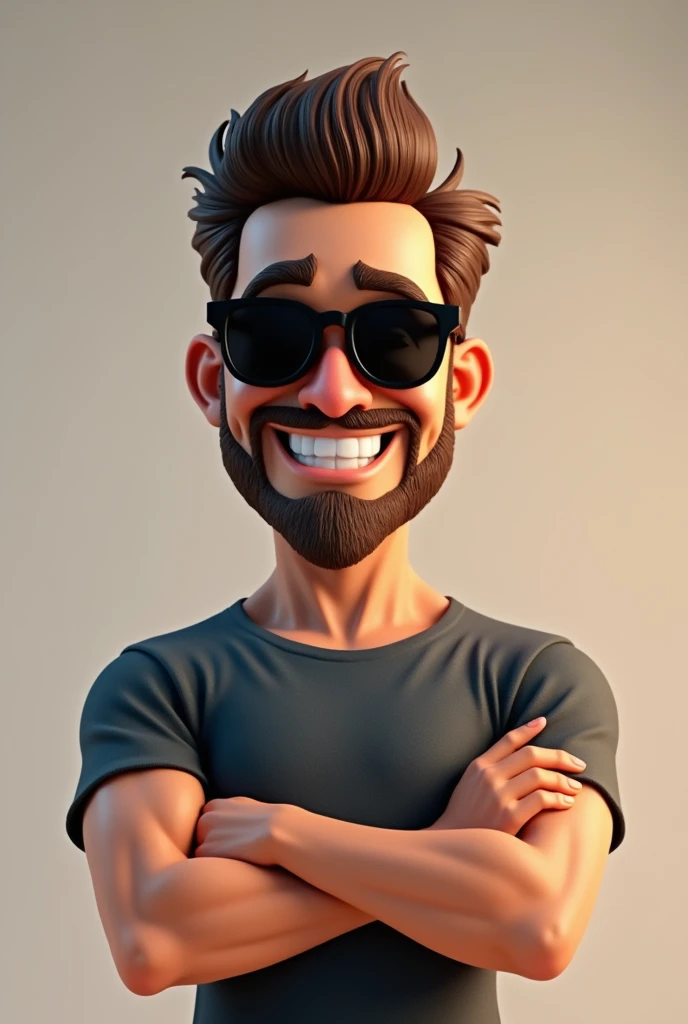 Cartoon character of a man wearing black sunglasses, camiseta professional, barba e bigode, moderately muscular, sorrindo, um personagem animado, Caractere estilizado, animation style rendering, 3D estilizado, bradley cooper render, 3 d render stylized, T Rendering Keyshot, brown hair