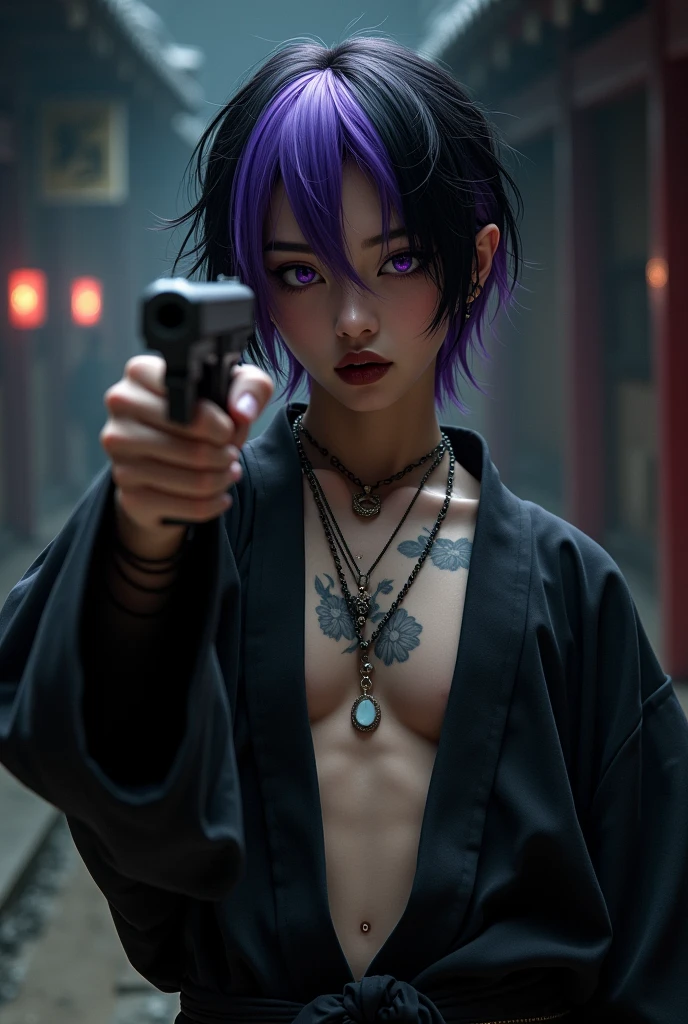 Asian boy with half black hair and half purple hair with purple and black eyes and a seductive look,black lips dressed in a sexy yukata showing her chest and torso pointing a gun at her head with piercing and tattoos in the background a dark dojo